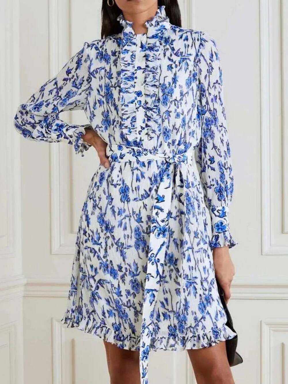 Tory Burch Deneuve DiMattio Floral Ruffle Dress Blue White Long Sleeve Size 6